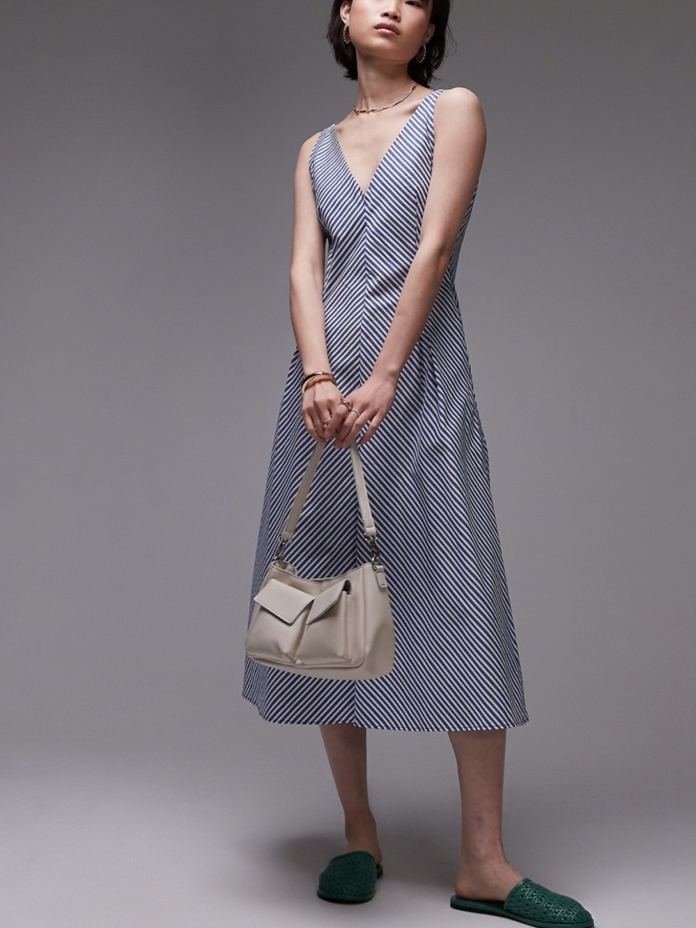 Mango Navy and White Striped V‑Neck Midi Dress
